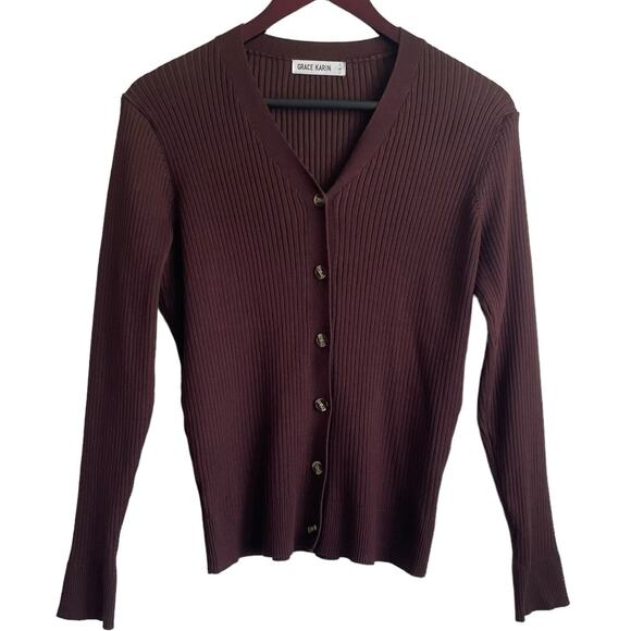 Grace Karin Women Cardigan Sweater L Brown Ribbed Fitted‎ Preppy Academia Office - Picture 1 of 9